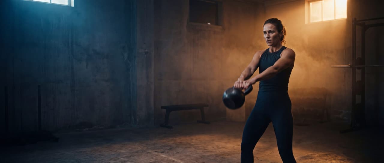 Athlete using FlowTimer interval timer during a kettlebell workout in a dark gym